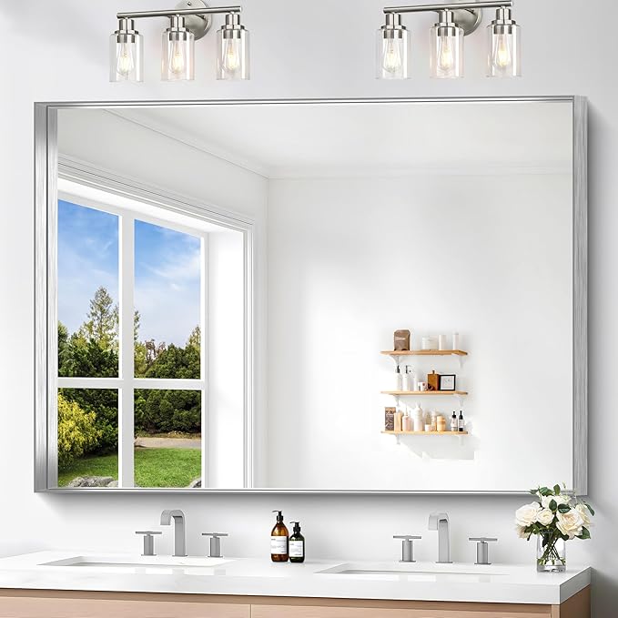 Silver Bathroom Mirror, 36x48 Inch Rectangular Deep Frame Mirror, Large Wall by Unknown