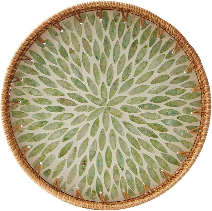 Round Rattan Tray with Mother of Pearl Inlay, Rattan Serving Tray with Wooden by Kmelep