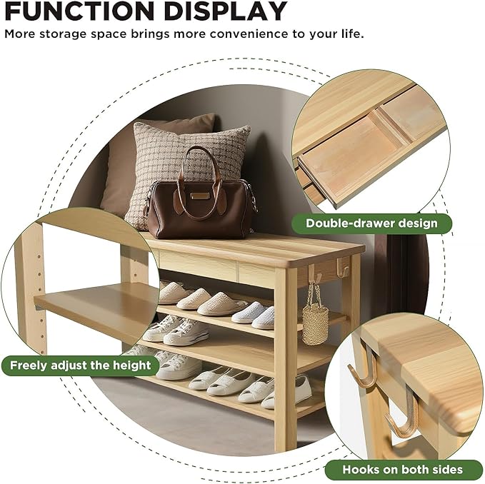 Wood Shoe Bench Entryway with Drawer: 3-Tiers Wooden Storage Shoe Rack with - Image 4