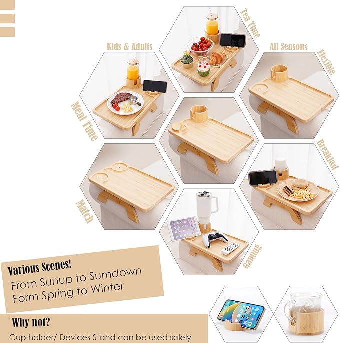 Nnewvante Couch Table on Arm, 3 in 1 Large 15.36"x9.85" Bamboo Couch Cup Holder - Image 5