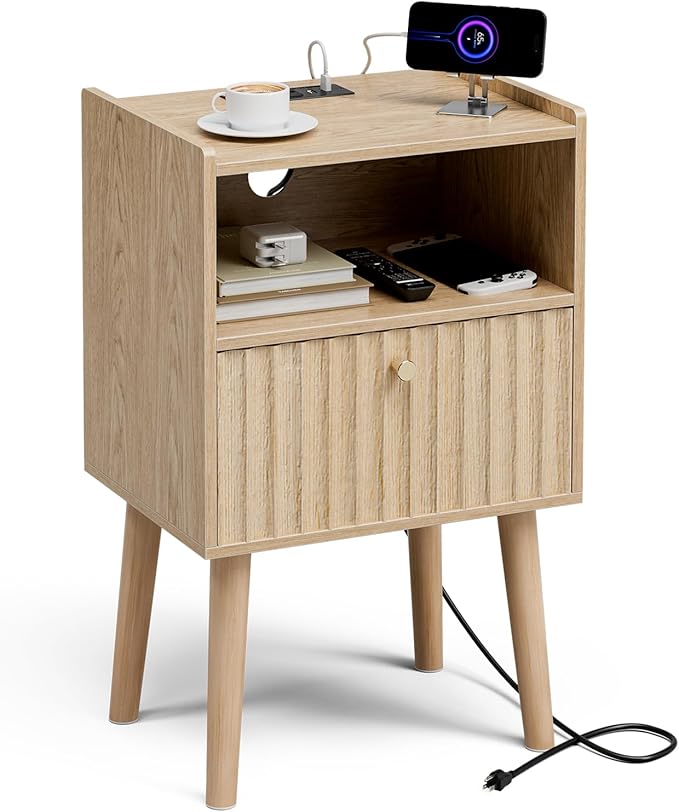 Side Table with Charging Station, Modern End Table with Fluted Drawer, Bedside by Unknown