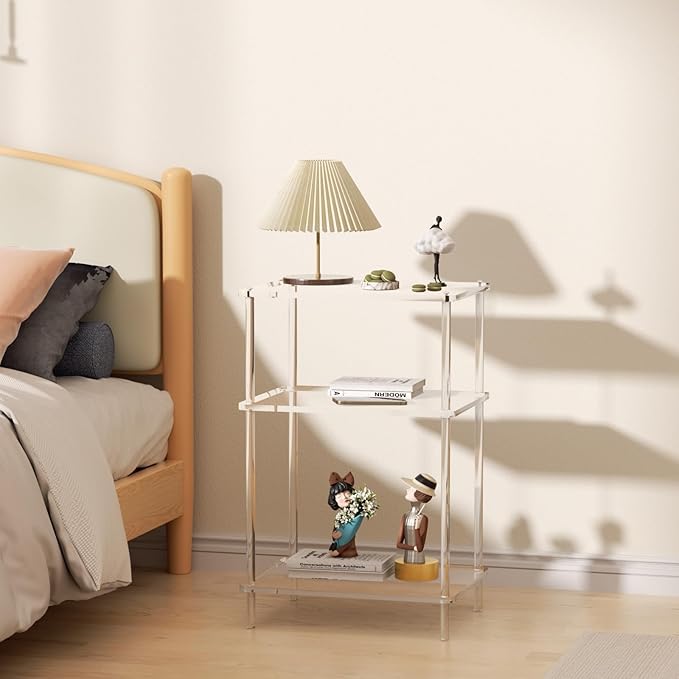 Acrylic Side Tables with 3 Shelve, Bedside Table Clear Nightstand by Giznzg