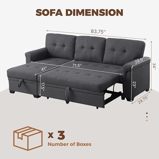 83 Inch L Shaped Modular Convertible Sleeper Sectional Sofa Bed - Image 2