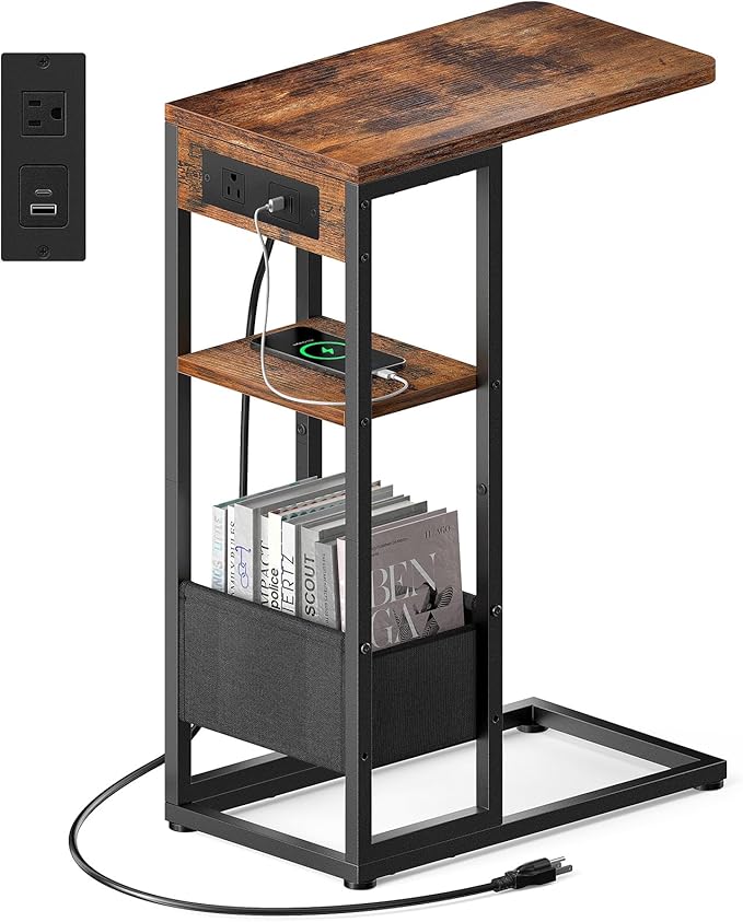 C Shaped End Table with Charging Station, Small Side Table by Yuede