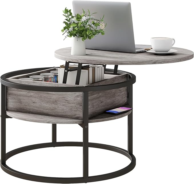 Round Coffee Table with Storage, Lift Top Coffee Table by HOJINLINERO