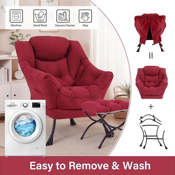 Lazy Chair with Ottoman, Large Modern Lounge Accent Chair with Armrests and - Image 7