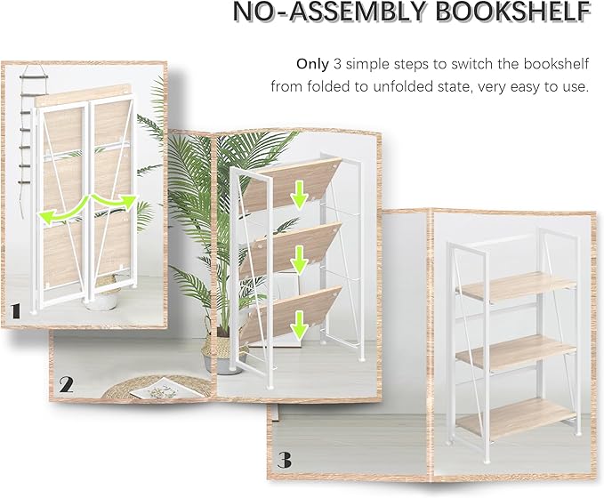 4NM No-Assembly Folding Bookshelf Storage Shelves 3 Tiers Vintage Bookcase - Image 5