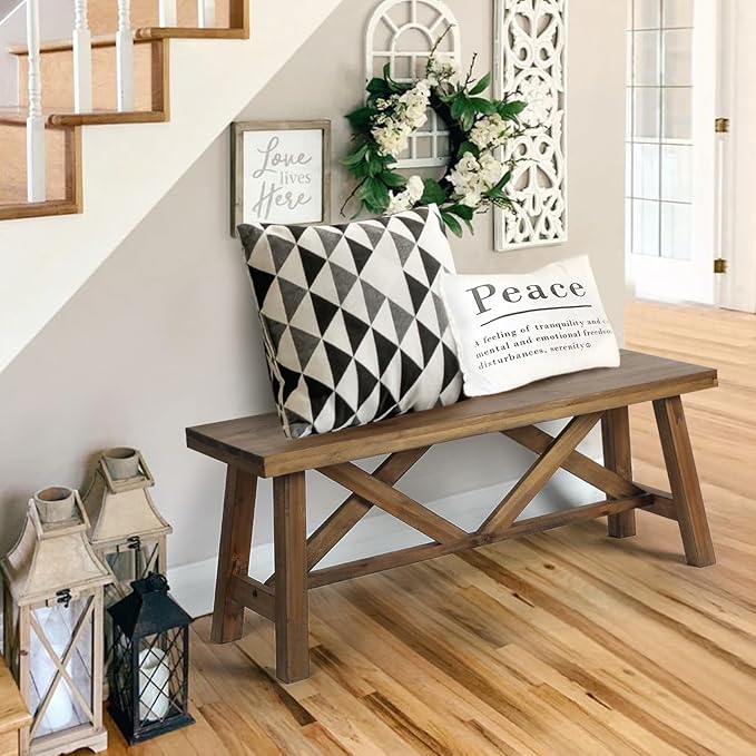 Wnutrees 43" Farmhouse Wood Bench, Rustic Solid Wood Entryway Bench Seat - Image 5