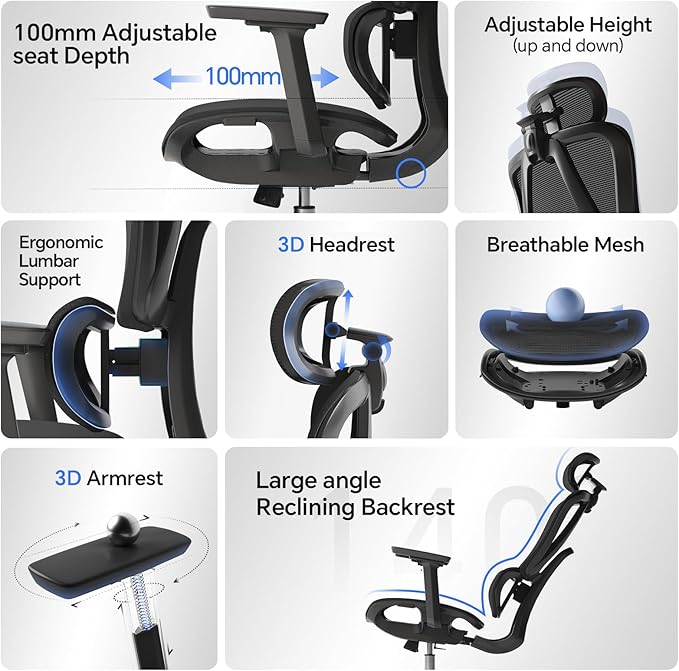 Ergonomic Office Chair with 3D Lumbar Support/Headrest/Armrest/, Mesh Executive - Image 3