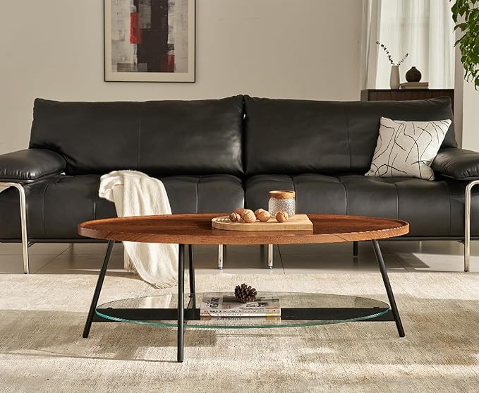 Shrine Glass Coffee Table, Glass and Wood Table, 43.3" D x 21.6" W x 15.7" H - Image 3