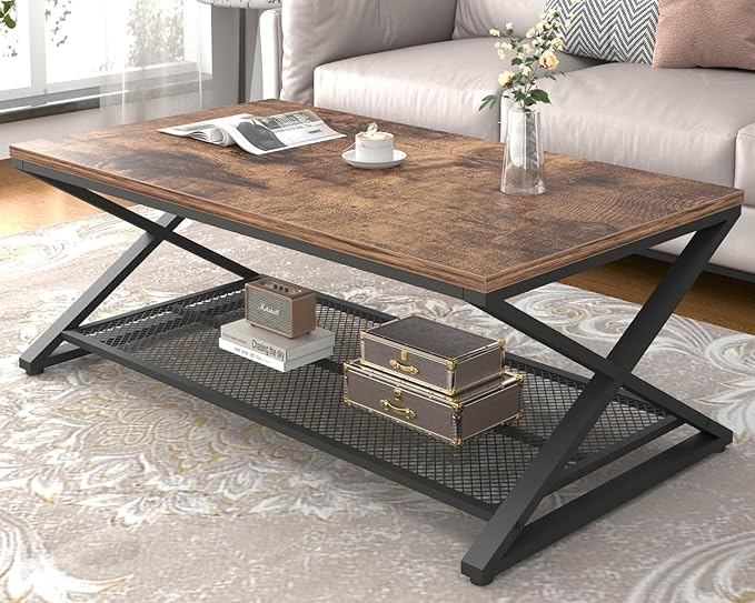 LVB Rustic Coffee Table with Storage, Industrial Wood Metal 2 Tier Center by LVB