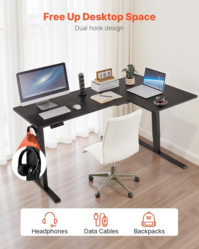 VEVOR Electric L Shaped Standing Desk 63"x39", 3 Memory Height Adjustable - Image 7
