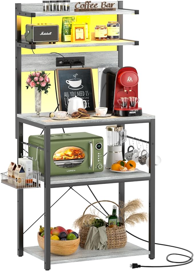 Aheaplus Bakers Rack with Power Outlet, Microwave Stand, 5 Tiers Coffee Bar by Aheaplus