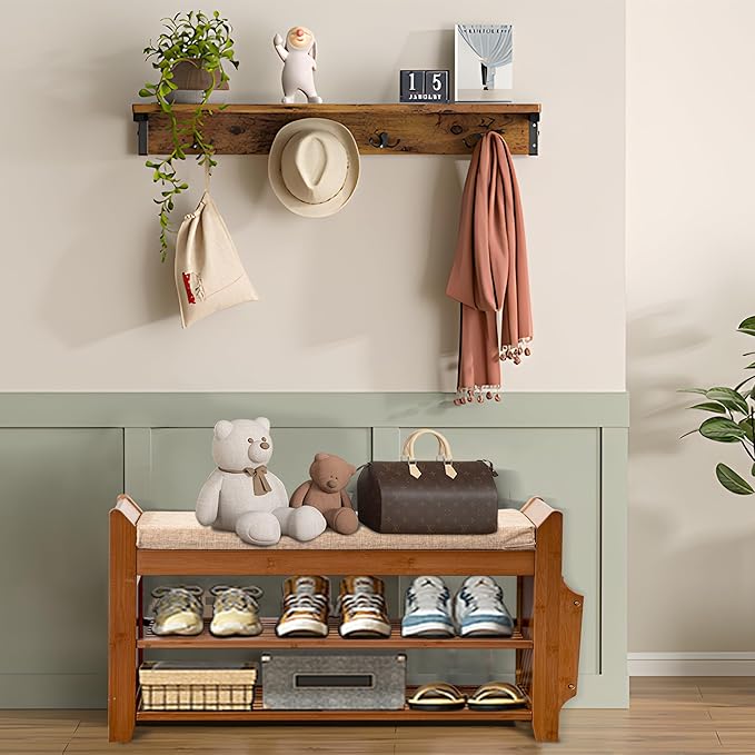Shoe Storage Bench for Entryway, Bamboo Entryway Bench - Image 6