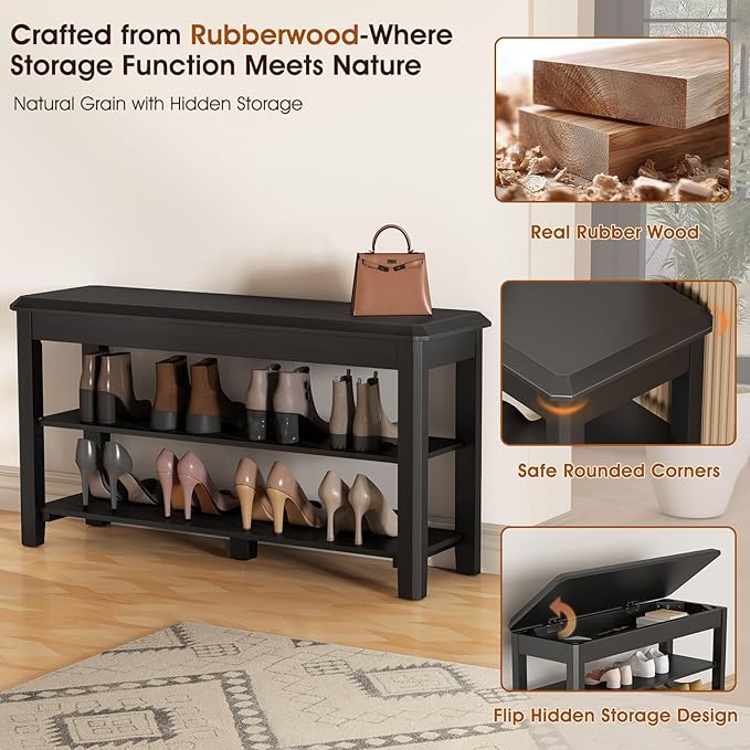 Shoe Rack Bench Seat Rubberwood 2-Tier Wooden Storage Bench 550lbs Compact - Image 6