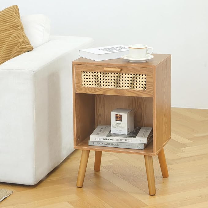 Mid Century Modern Nightstand, Rattan Bedside Table - Image 8