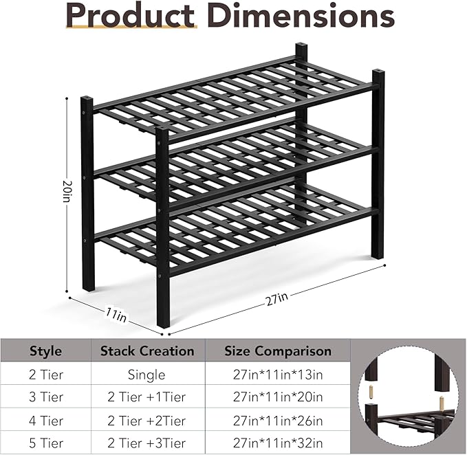Haddockway 3 Tier Bamboo Shoe Rack Storage Organizer, Small Space 27"x11"x20" - Image 3