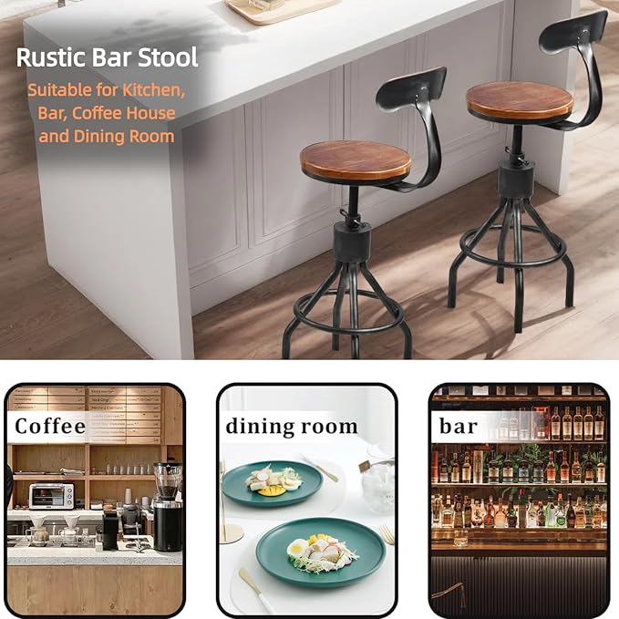 Set of 2 Vintage Bar Stool- Industrial Swivel Kitchen Dining Chair-Counter - Image 5