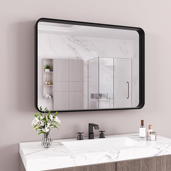 Black Bathroom Mirror 40X30 Inch, Rounded Rectangle Matte Bathroom Vanity Mirror - Image 8