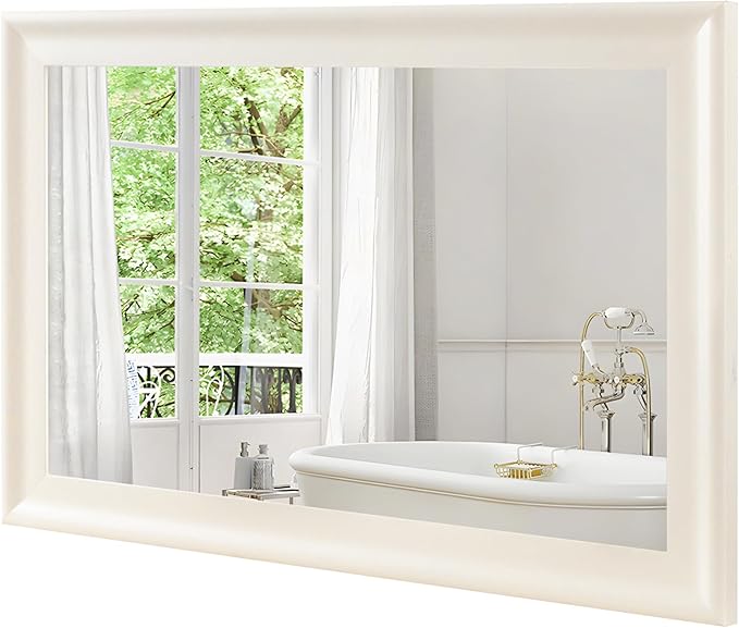 CULER White Wood Wall Mirror for Bathroom, Rectangle Rustic Beige 24 x 36 inch - Image 8