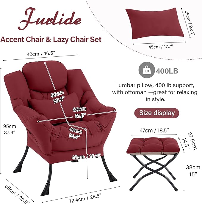 Lazy Chair with Ottoman, Comfy Fabric Accent Lounge Armchair with Lumbar Pillow - Image 3