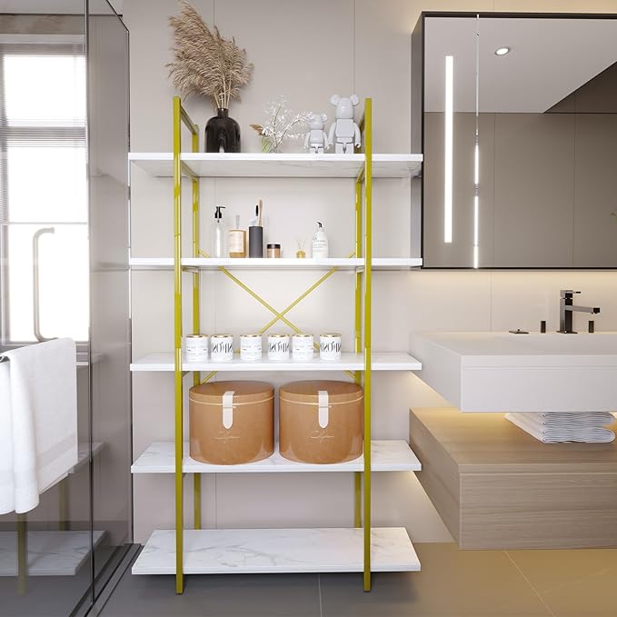 5 Tiers Bookshelf Organizer White Faux Marble Shelf, Modern Open Display - Image 5