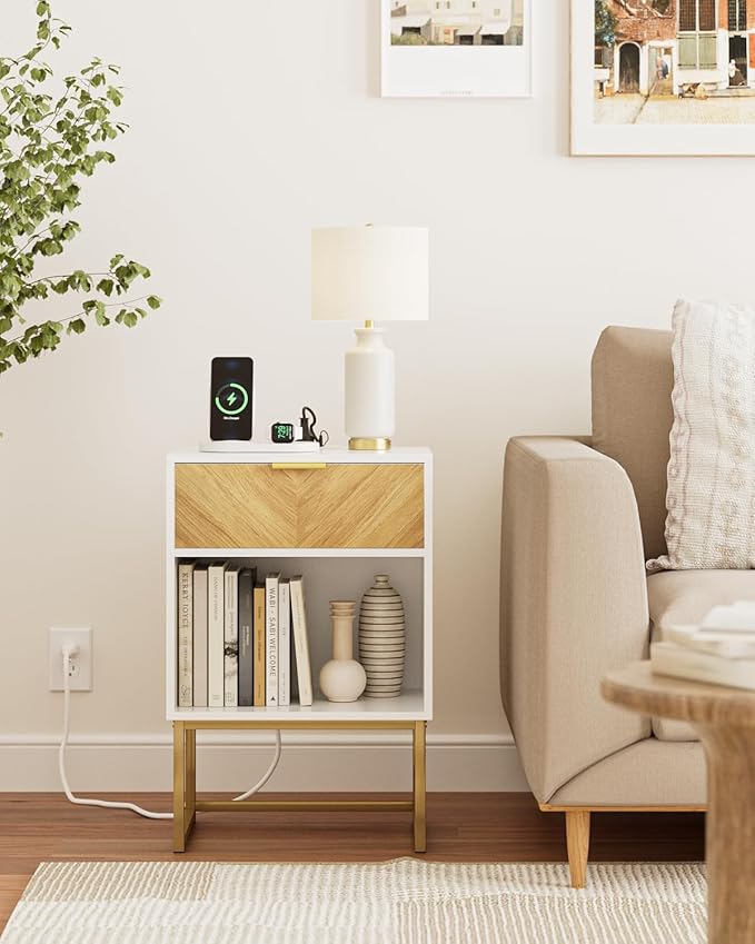Nightstand with Charging Station, Boho Night Stand Wood Farmhouse Bedside Table - Image 6