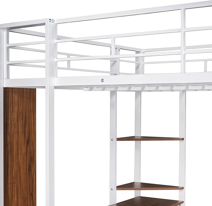 Full Size Metal Loft Bed with 2 Storage Shelves and 1 Desk, Steel Structure Bed - Image 7