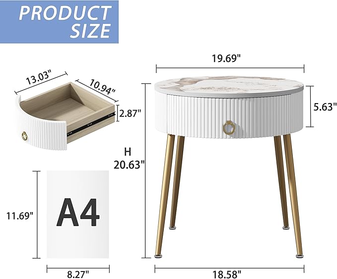 OIOG Round Nightstand with Drawer, Modern Side Table with Marbling Natural - Image 2