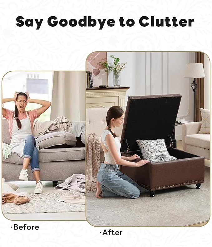 Tbfit Large Square Storage Ottoman Bench, Button Tufted Upholstered Coffee - Image 9