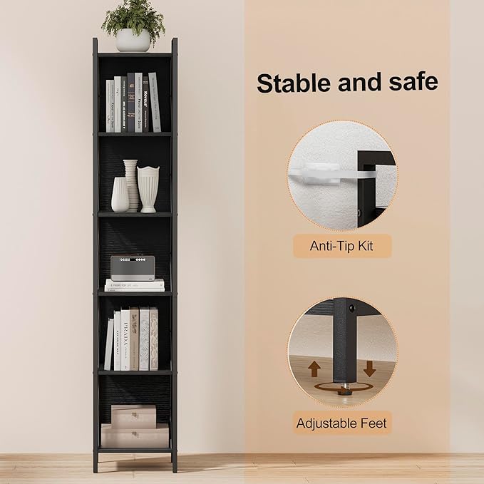 Homhedy 6 Tier Bookshelf Bookcase, Tall Narrow Bookshelf - Image 5