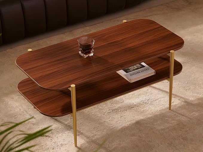Shrine Rectangle Coffee Table, Mid-Century Modern Design, Two-Tier Walnut MDF - Image 4