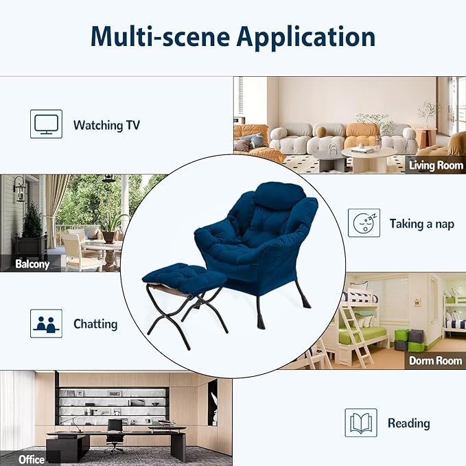 Lazy Chair with Folding Ottoman, Accent Chair Velvet Upholstered with Metal - Image 7