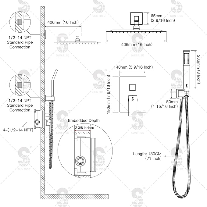 SR SUN RISE Matte Black Square Rainfall Shower Head and Handle Set, Wall - Image 7