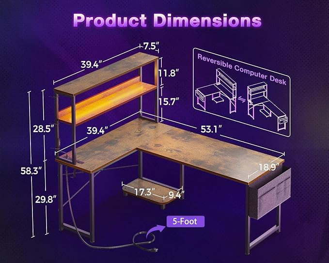 ODK 53 Inch L Shaped Desk with LED Lighting, Reversible Gaming Desk with Power - Image 3