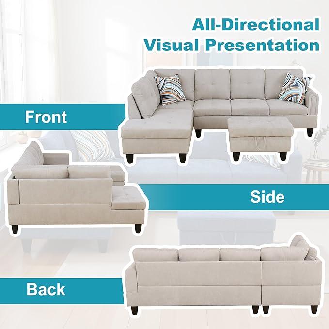 L Shaped Couch Modern Sectional Couch Upholstered Fluffy Fabric 3 Pieces Sofas - Image 6