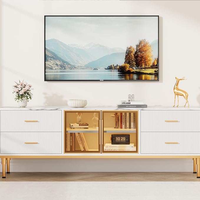 66" Fluted TV Stand with LED Light, Modern Entertainment Center - Image 7
