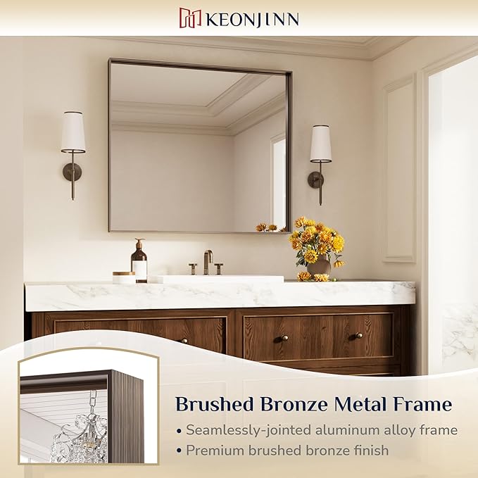 Keonjinn 42 x 36 Inch Brushed Bronze Bathroom Mirror, Rectangle Framed Vanity - Image 6