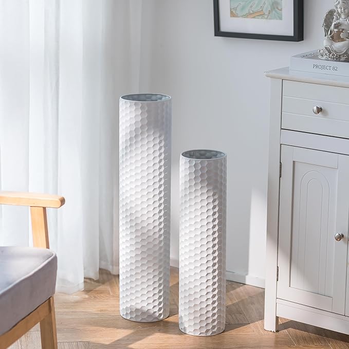 Sziqiqi White Tall Vases for Floor: 27.6/21.7in Metal Cylinder Handmade Flower - Image 4