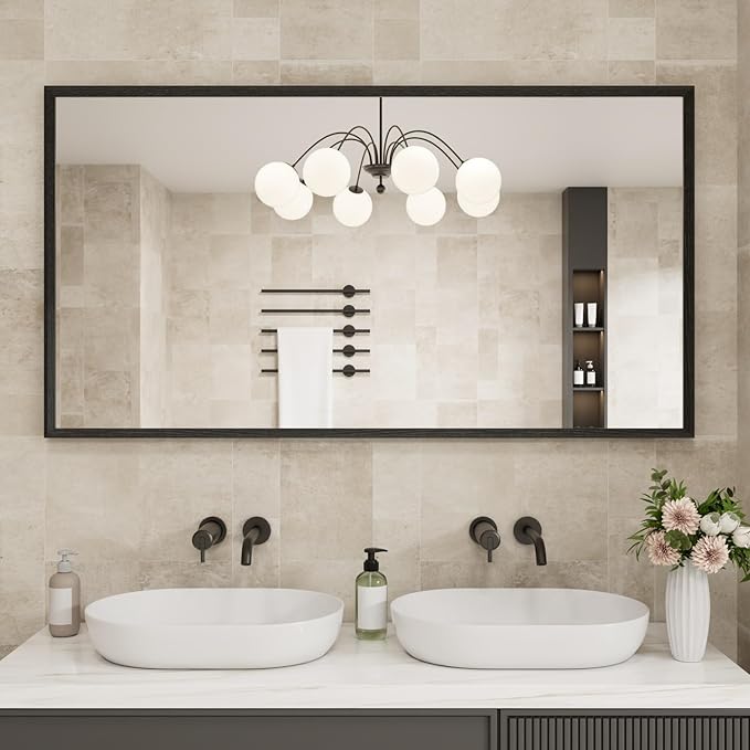 Rectangle Bathroom Mirror 55x30 Inch, Matte Black Framed, 4MM Tempered Glass - Image 2