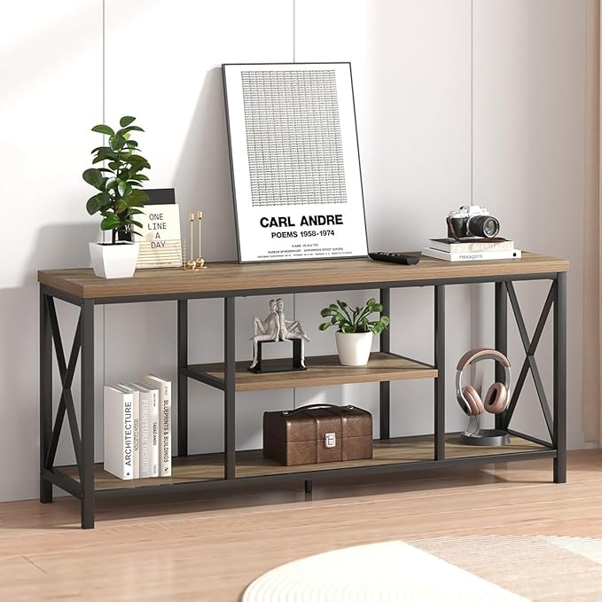 FOLUBAN TV Stand for TV up to 65 inch, Rustic Wood and Metal Entertainment - Image 3