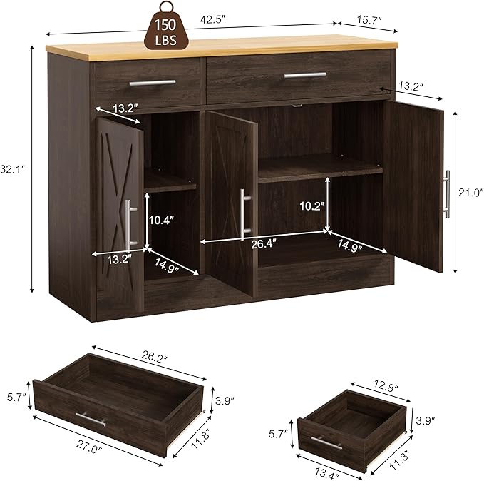 Shintenchi 3 Doors Farmhouse Sideboard Buffet Cabinet, Wood Coffee Bar Cabinet - Image 2