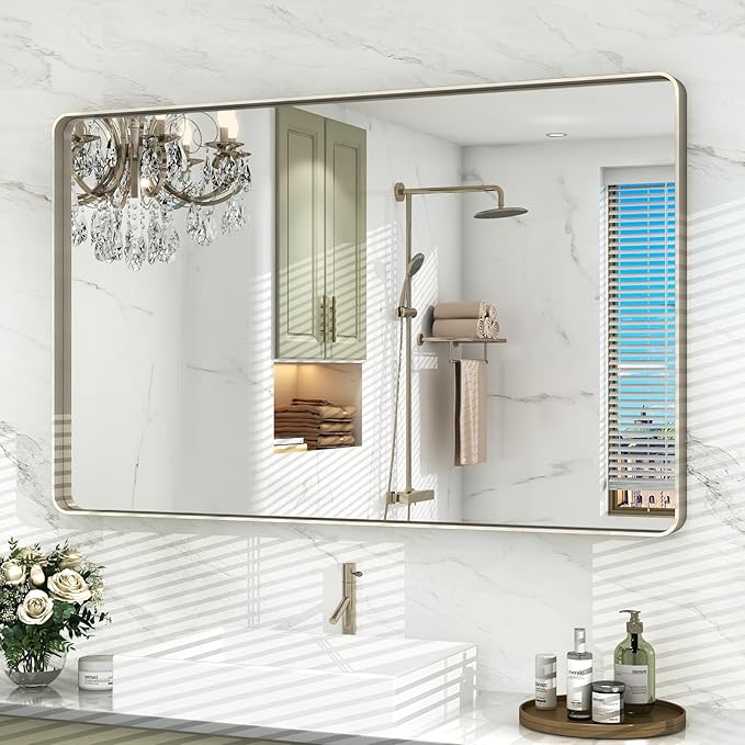 48x30 Inch Brushed Nickel Bathroom Mirror, Large Brushed Silver Metal Framed by VANLIOBathroomMirror