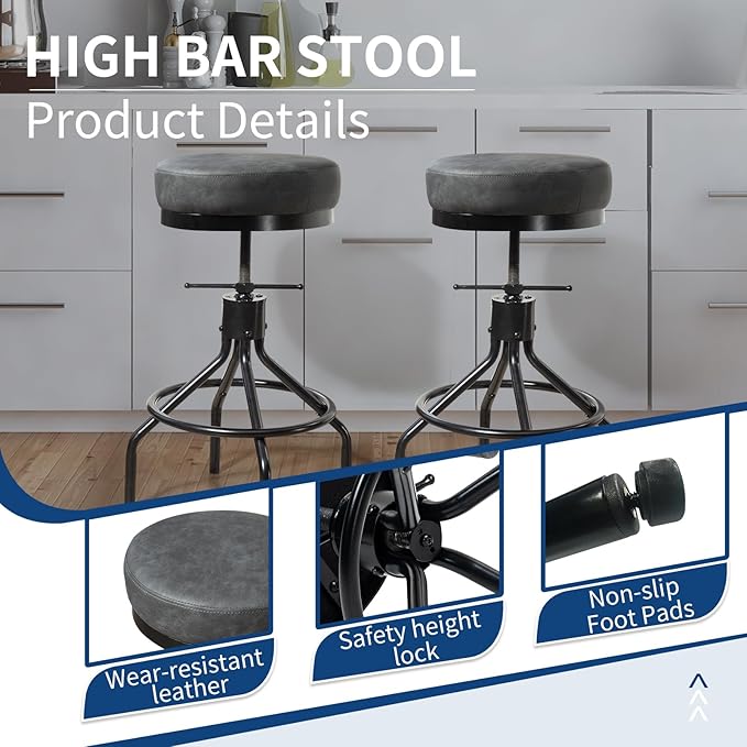 Swivel Bar Stools Adjustable Industrial Barstools Metal Modern PU Leather - Image 6