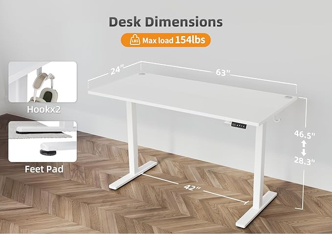 Seang Standing Desk with Adjustable Height, 63x24 Inch Electric Stand Up Desk - Image 3