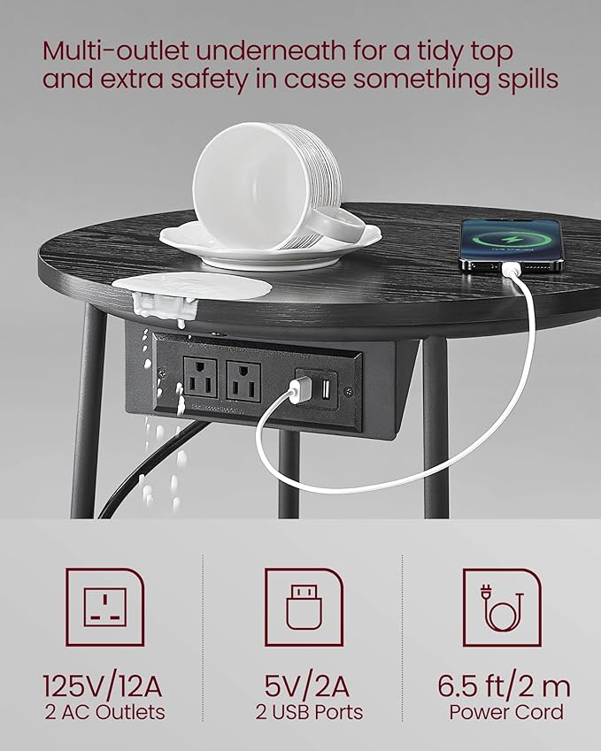 VASAGLE Side Table with Charging Station, Round End Table with Fabric Basket - Image 4
