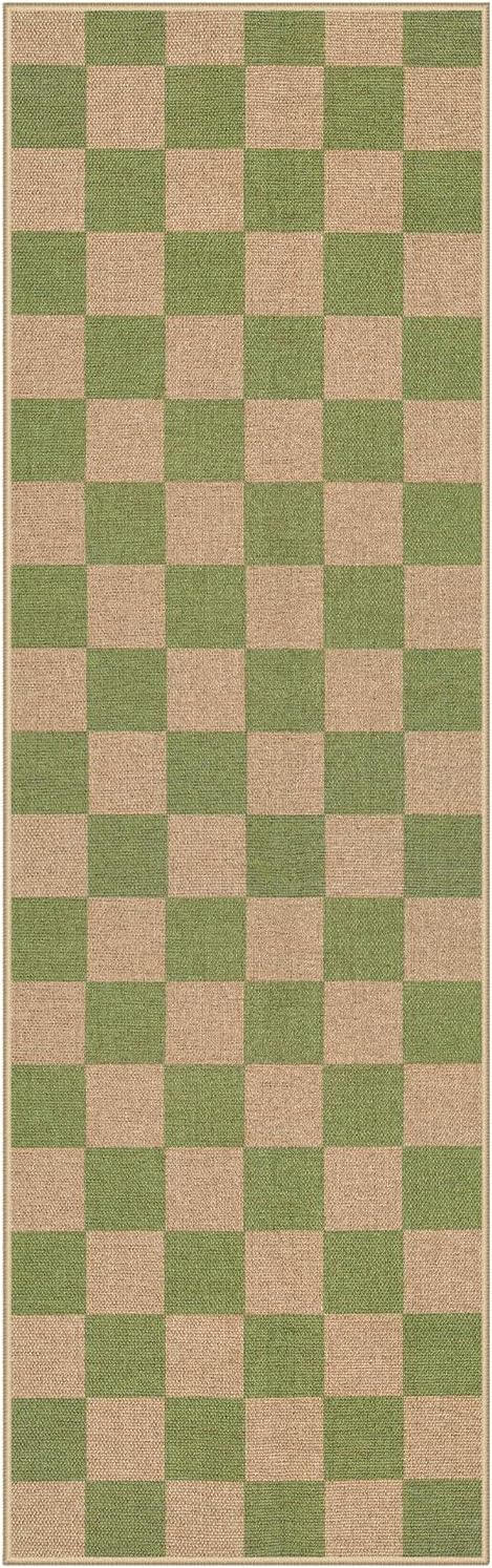 Lahome Checkered Entryway Runner Rug, 2x8 Green Washable Rug Runners - Image 8