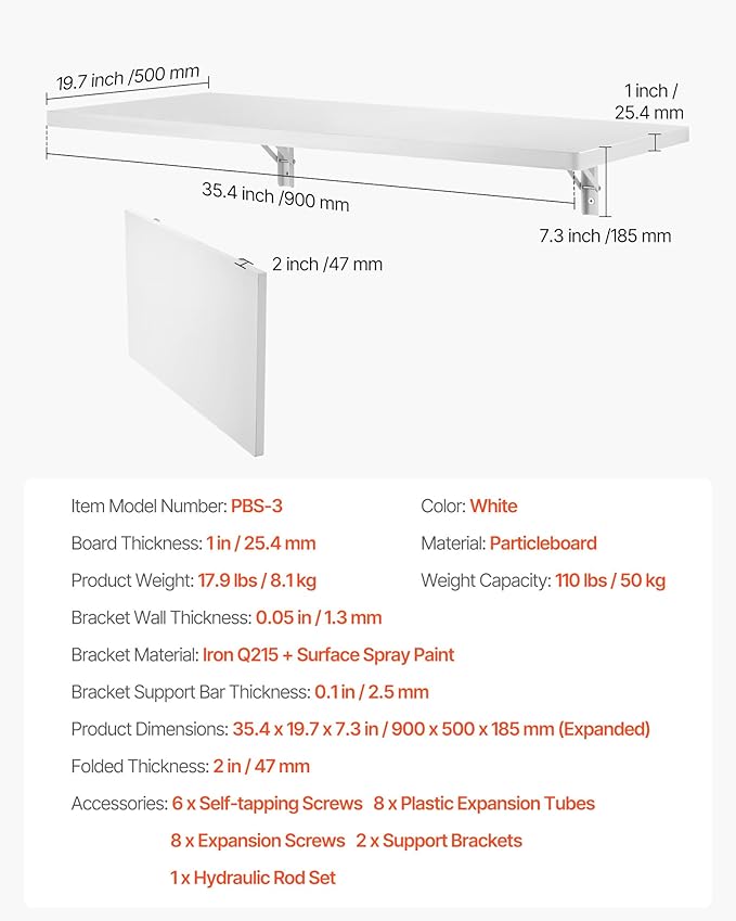 VEVOR Wall Mounted Folding Table, 35.4 x 19.7 inches Wall Mount Table, Floating - Image 3