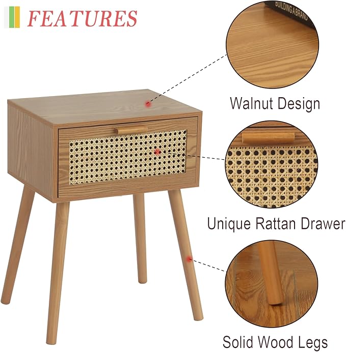 AWASEN Mid Century Nightstand, Rattan Side Table - Image 4