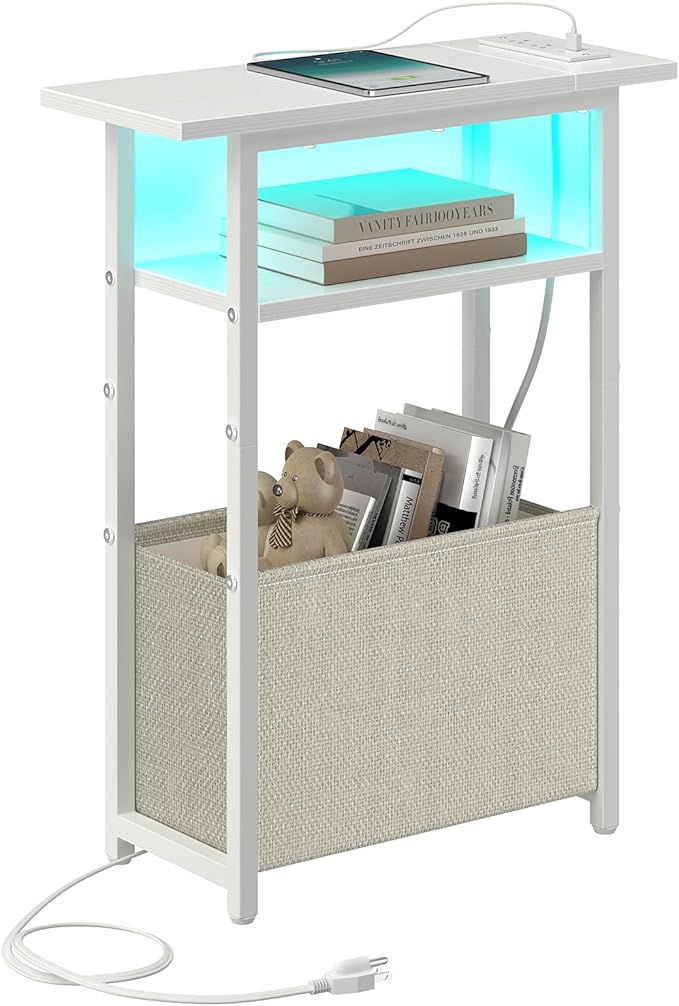Narrow Side Table with Charging Station, LED End Table by Unknown